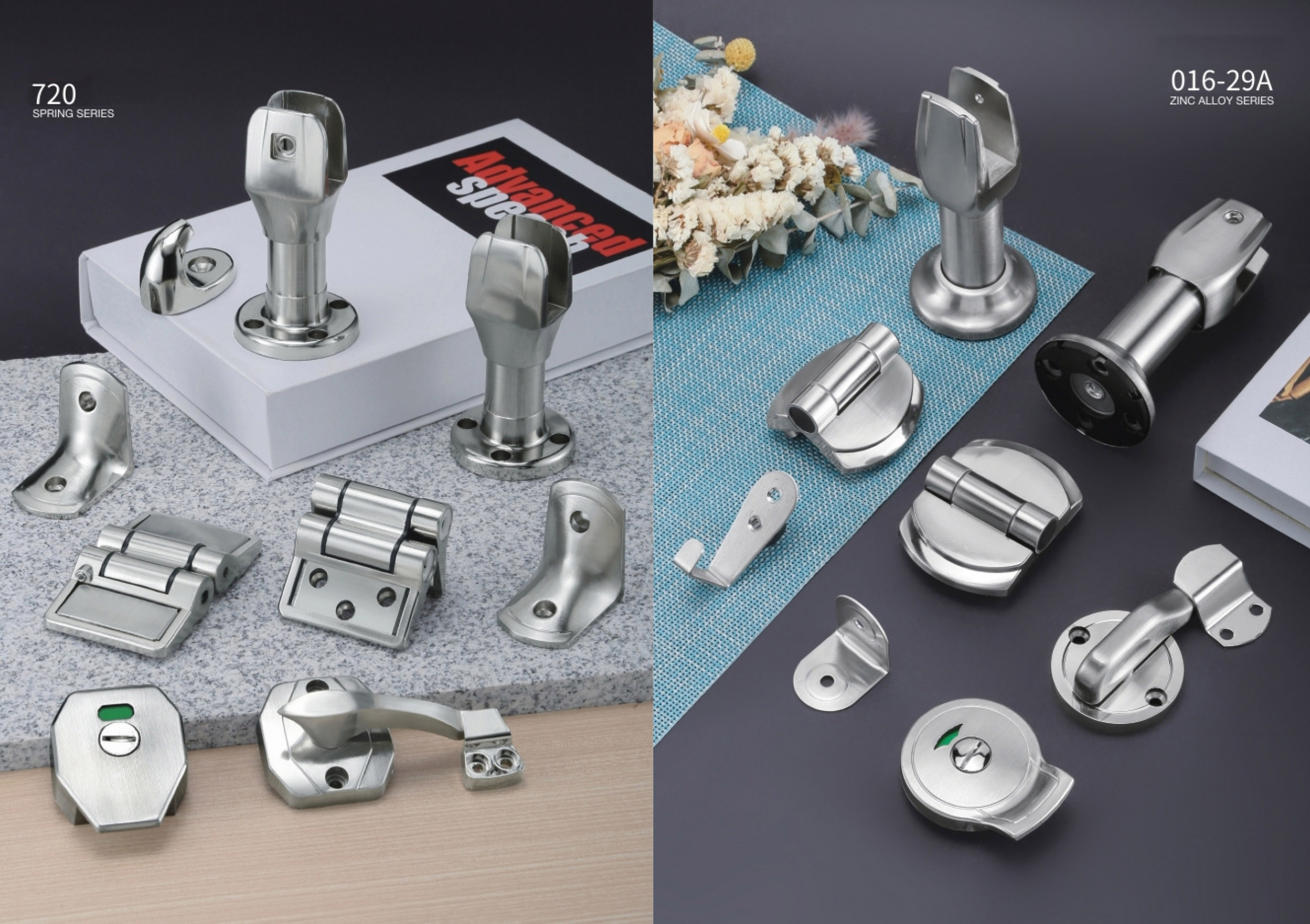 Stainless steel toilet partition hardware system including hinges, locks, support legs and connectors for commercial restroom cubicles